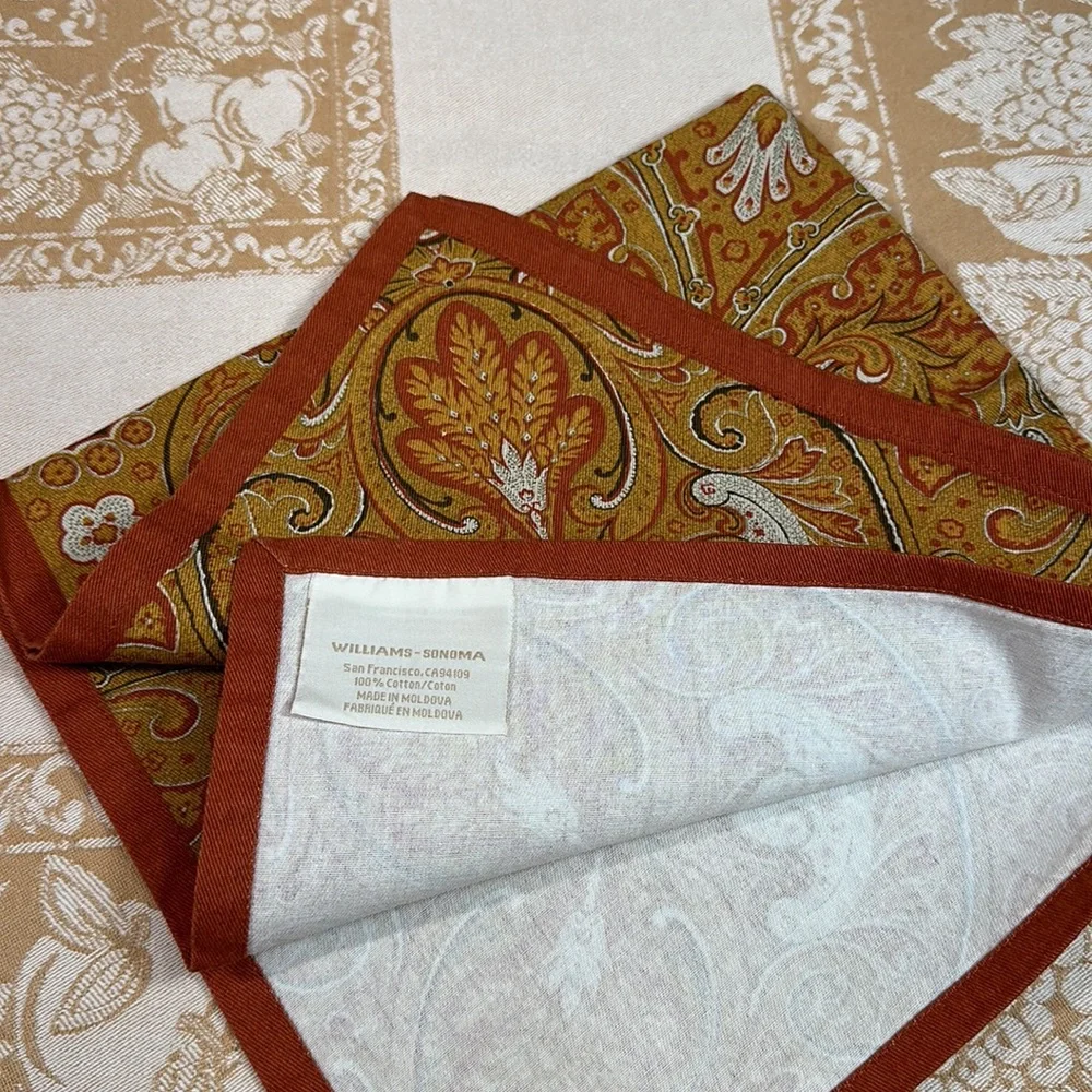 Williams-Sonoma Cotton Rustic Fall Paisley Napkins Set-4 NWOT 19” x 20”